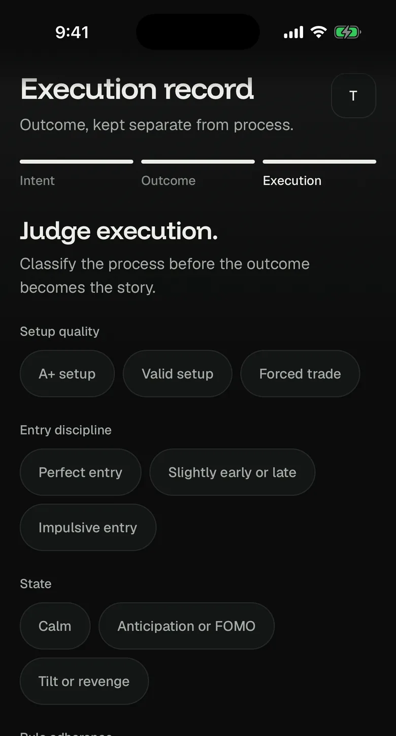 Mentable execution judgement screen: setup quality, entry discipline, state