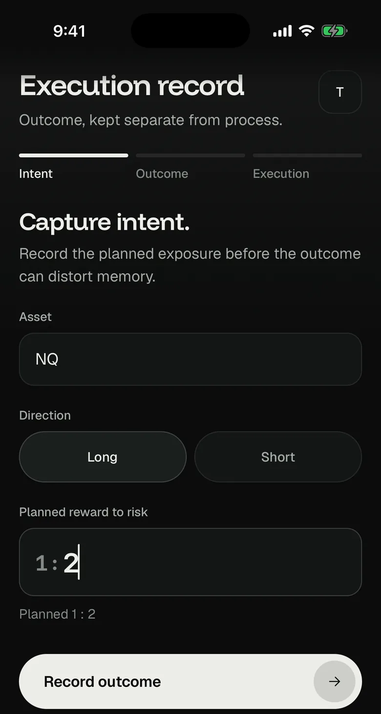 Mentable intent record screen: asset, direction and planned reward to risk