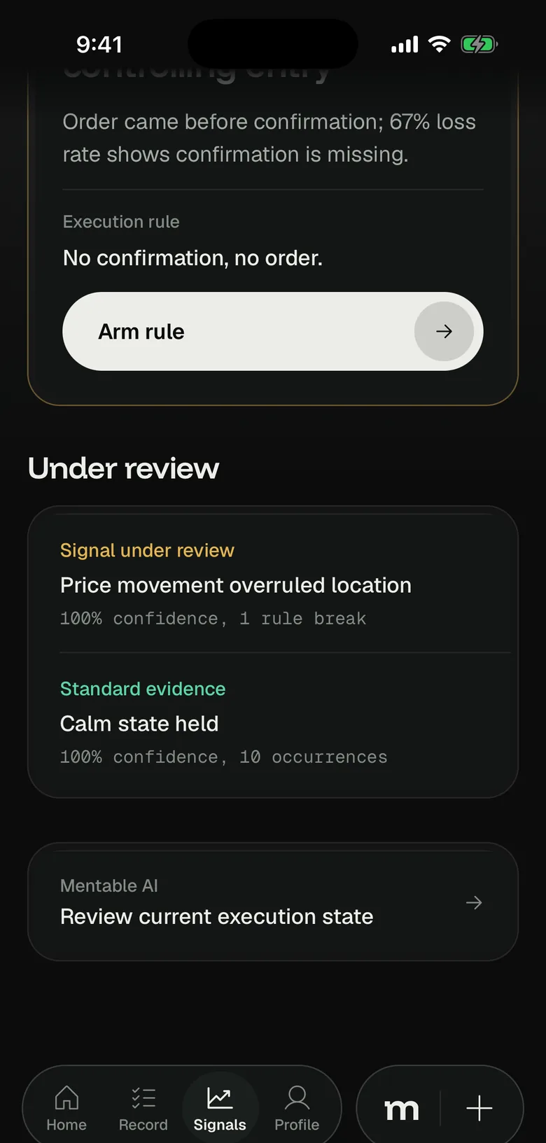 Mentable signal review screen: execution rule and review queue