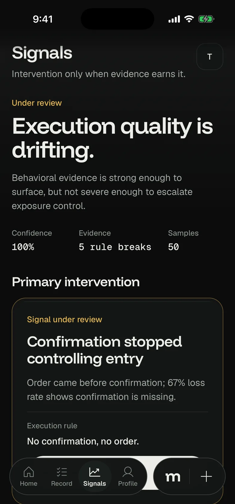 Mentable signals screen: execution quality is drifting, with confidence, evidence and samples